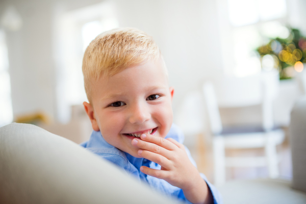 A close-up of small boy sitting on a sofa at home at Christmas time.