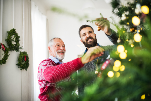 A happy senior father and adult son decorating a Christmas tree at home.