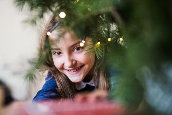 A close-up of a small girl standing by a Christmas tree at home. Copy space.