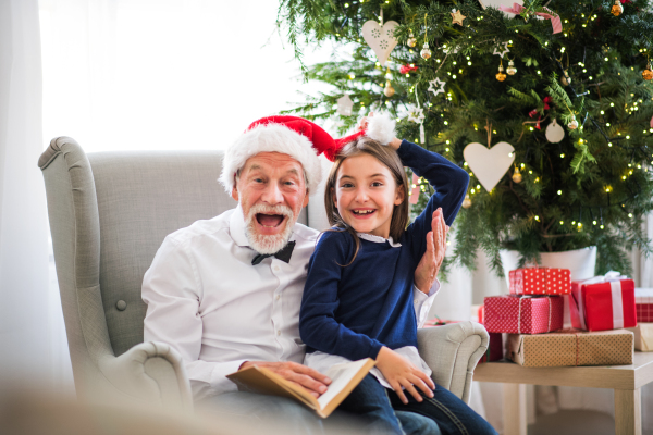 A small girl and her grandfather with Santa hat sitting on armchair and reading a book at Christmas time, having fun.