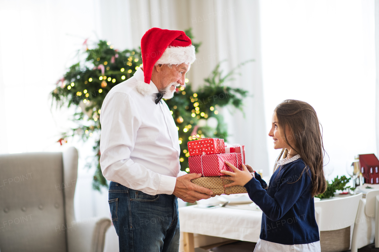 A senior man with a Santa hat giving presents to a happy small girl at Christmas time.