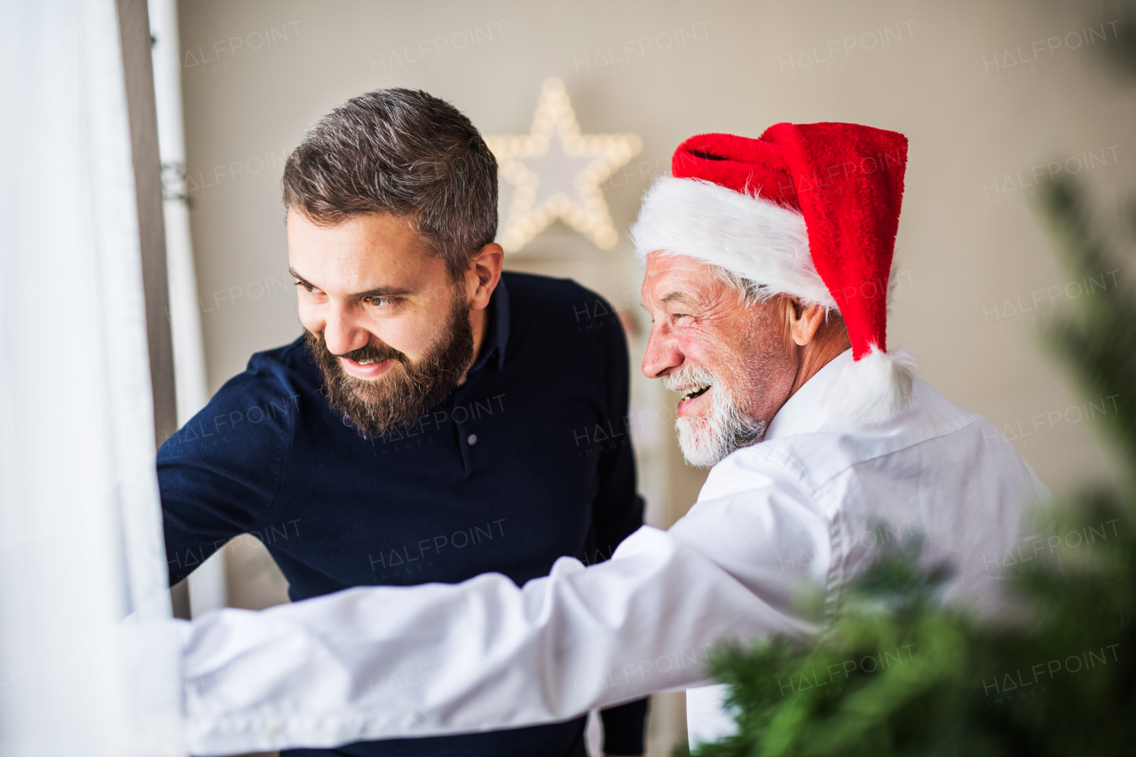 A senior father with a Santa hat and adult son standing by the window at home at Christmas time, looking out and talking.