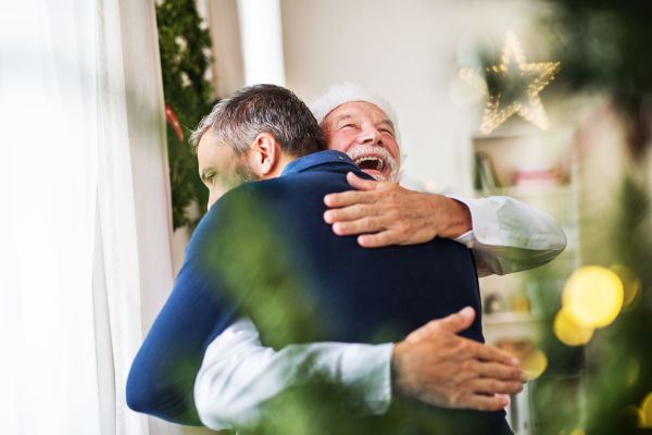 A senior father with a Santa hat and adult son standing by the window at home at Christmas time, hugging.