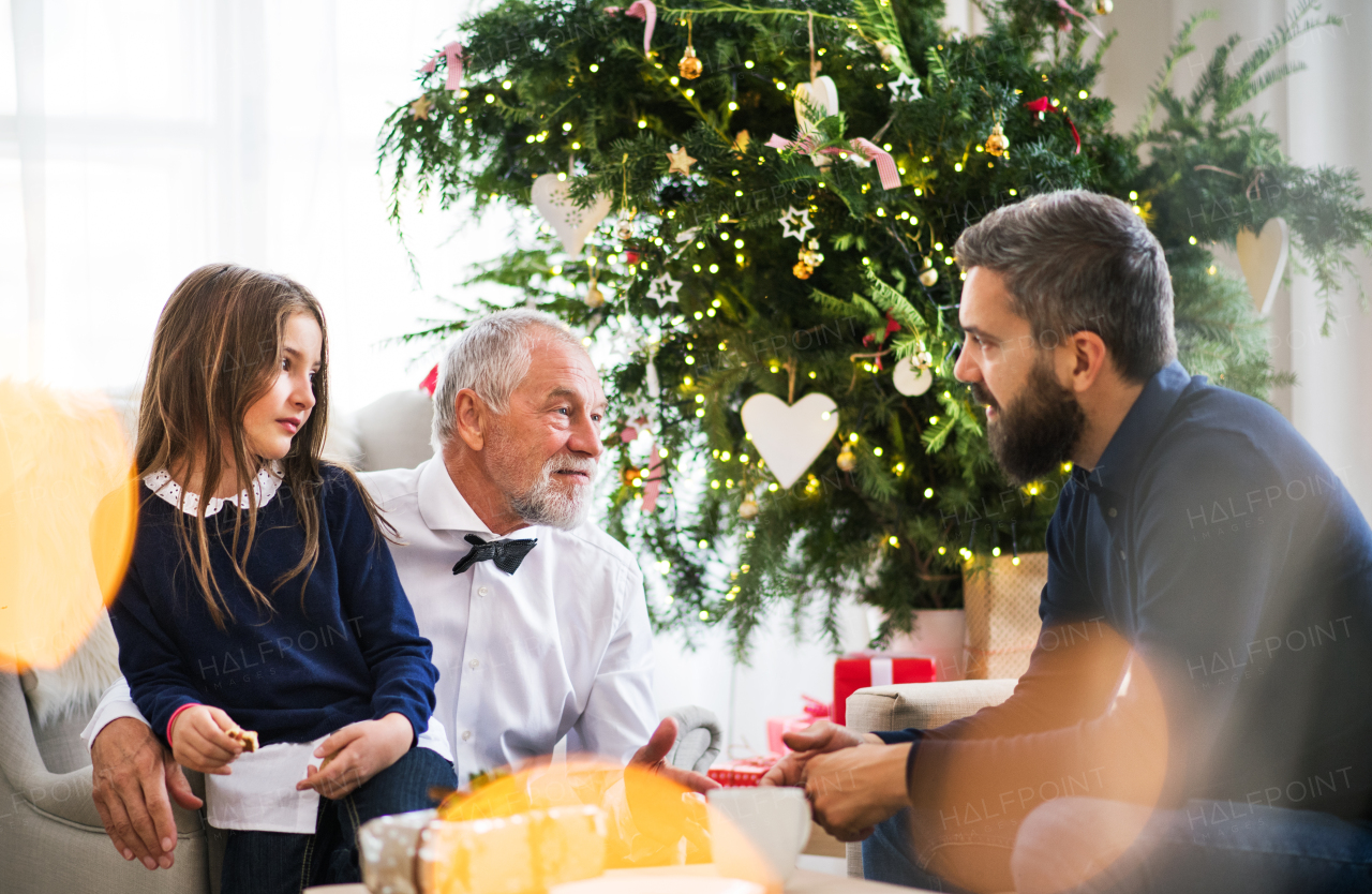 A small girl with father and senior grandfather sitting on a sofa at Christmas time, talking.