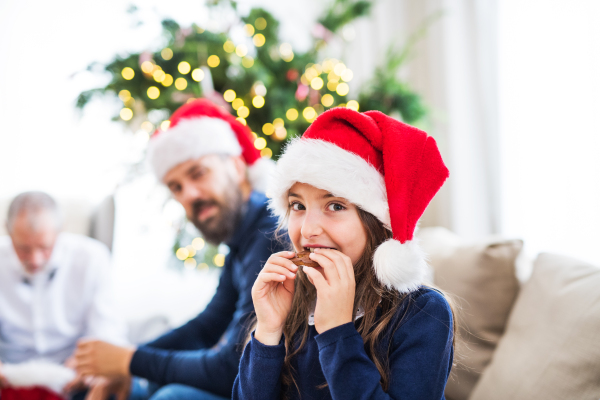 A small girl with Santa hat eating biscuit, her father and grandfather sitting on a sofa at Christmas time.