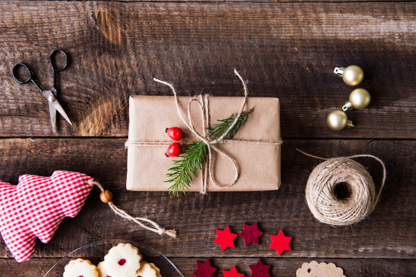 Christmas composition on a vintage wooden background. Flat lay.