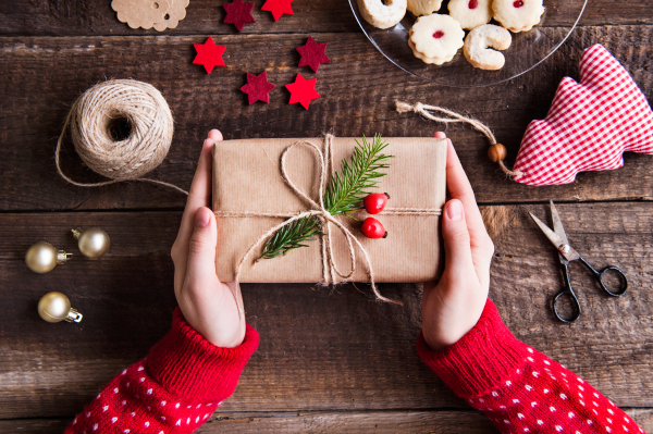 Christmas composition on a vintage wooden background. Flat lay.