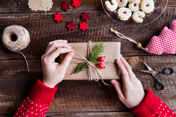 Christmas composition on a vintage wooden background. Flat lay.