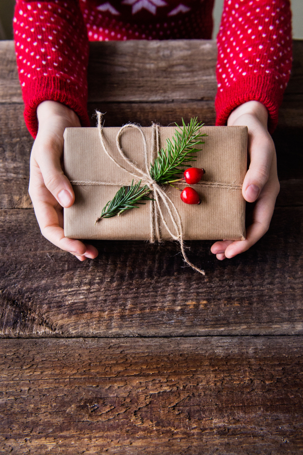 Christmas composition on a vintage wooden background. Flat lay. Copy space.