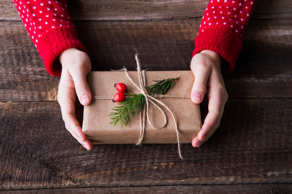 Christmas composition on a vintage wooden background. Flat lay. Close up.