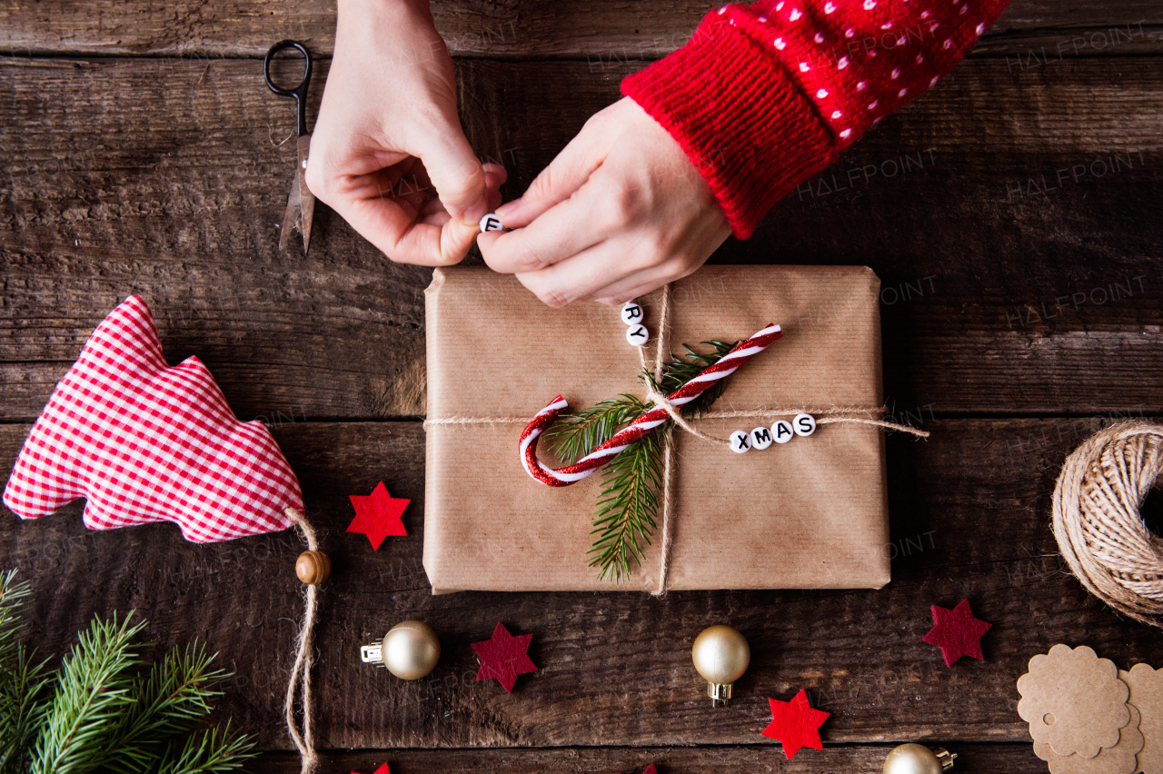 Christmas composition on a vintage wooden background. Flat lay.