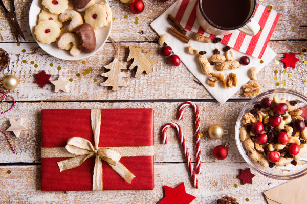 Christmas composition on a vintage wooden background. Flat lay. Close up.