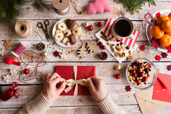 Christmas composition on a vintage wooden background. Flat lay.