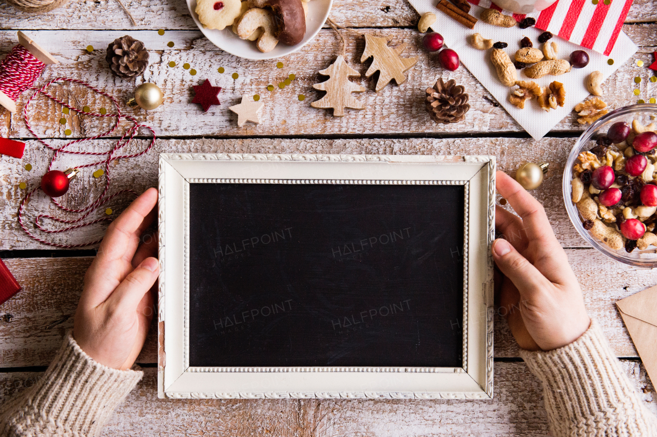 Christmas composition on a vintage wooden background. Flat lay. Copy space.