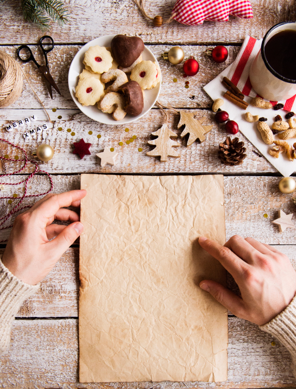 Christmas composition on a vintage wooden background. Flat lay. Copy space.