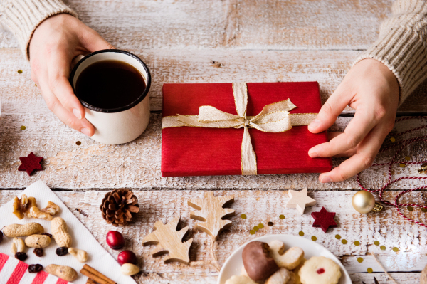 Christmas composition on a vintage wooden background.