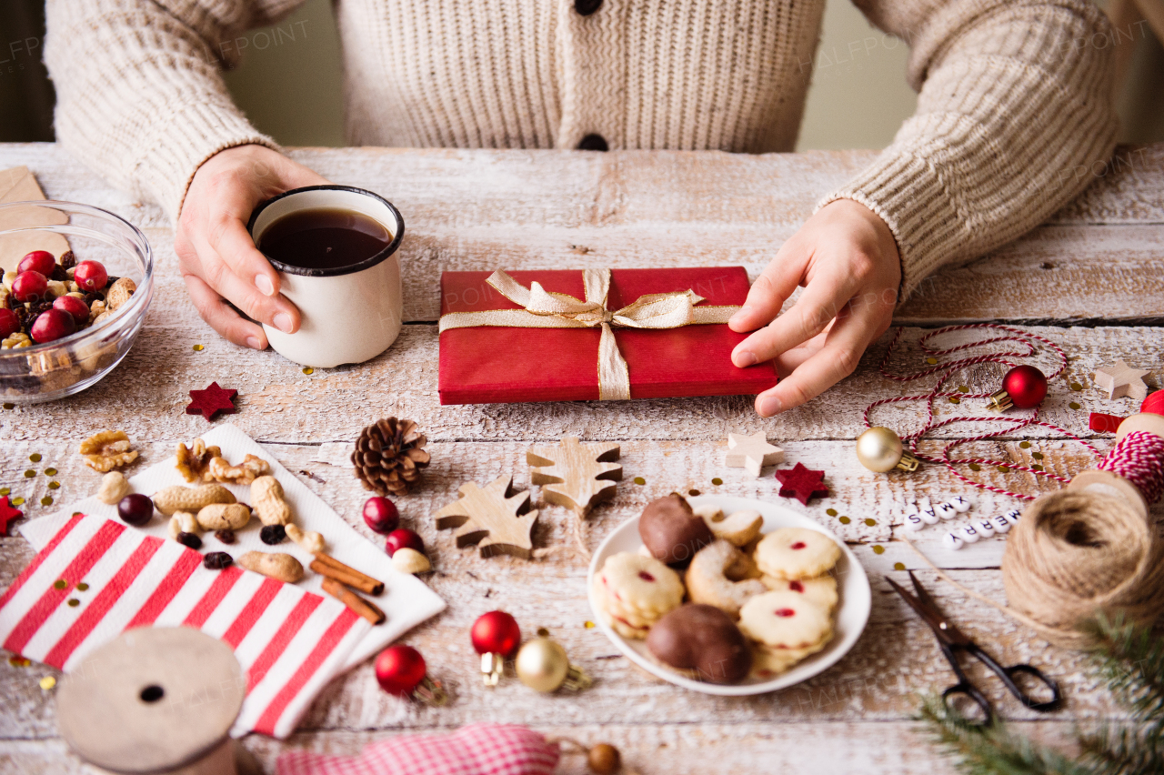 Christmas composition on a vintage wooden background.