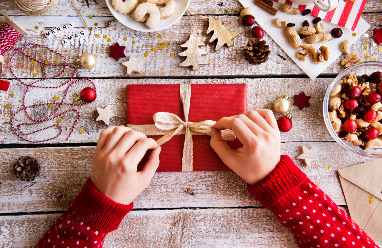 Christmas composition on a vintage wooden background. Flat lay.