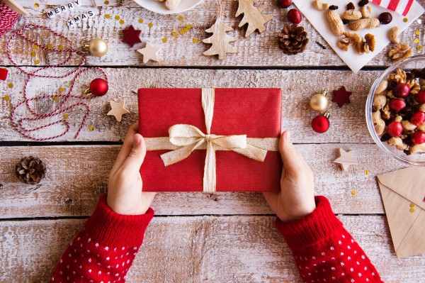 Christmas composition on a vintage wooden background. Flat lay.