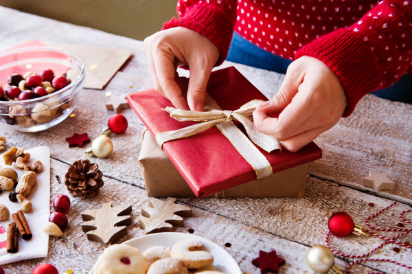 Christmas composition on a vintage wooden background.