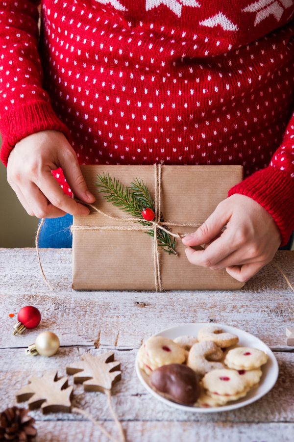 Christmas composition on a vintage wooden background.