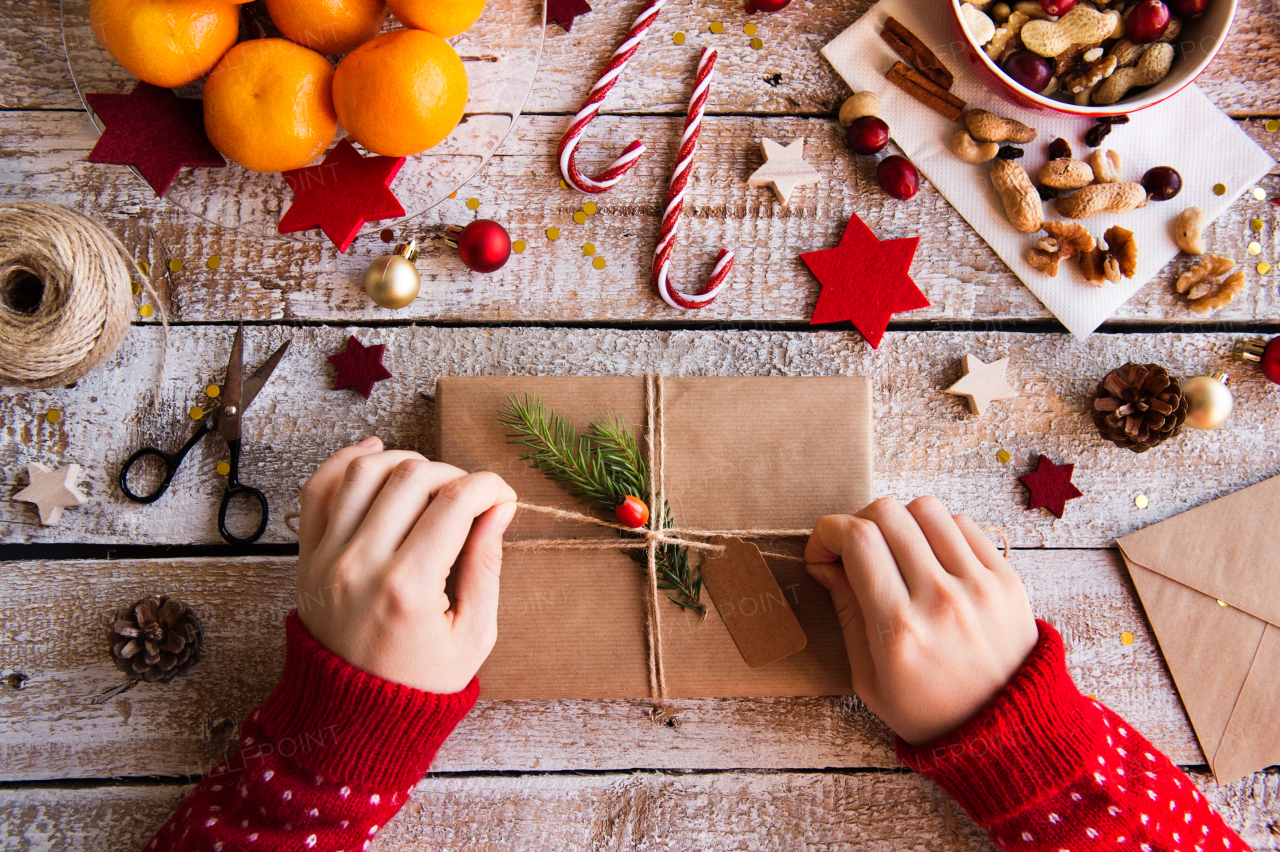 Christmas composition on a vintage wooden background. Flat lay.