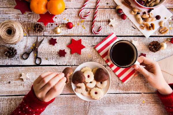 Christmas composition on a vintage wooden background. Flat lay.