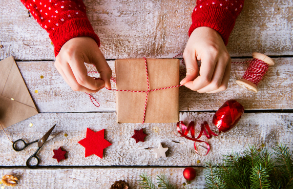 Christmas composition on a vintage wooden background. Flat lay.