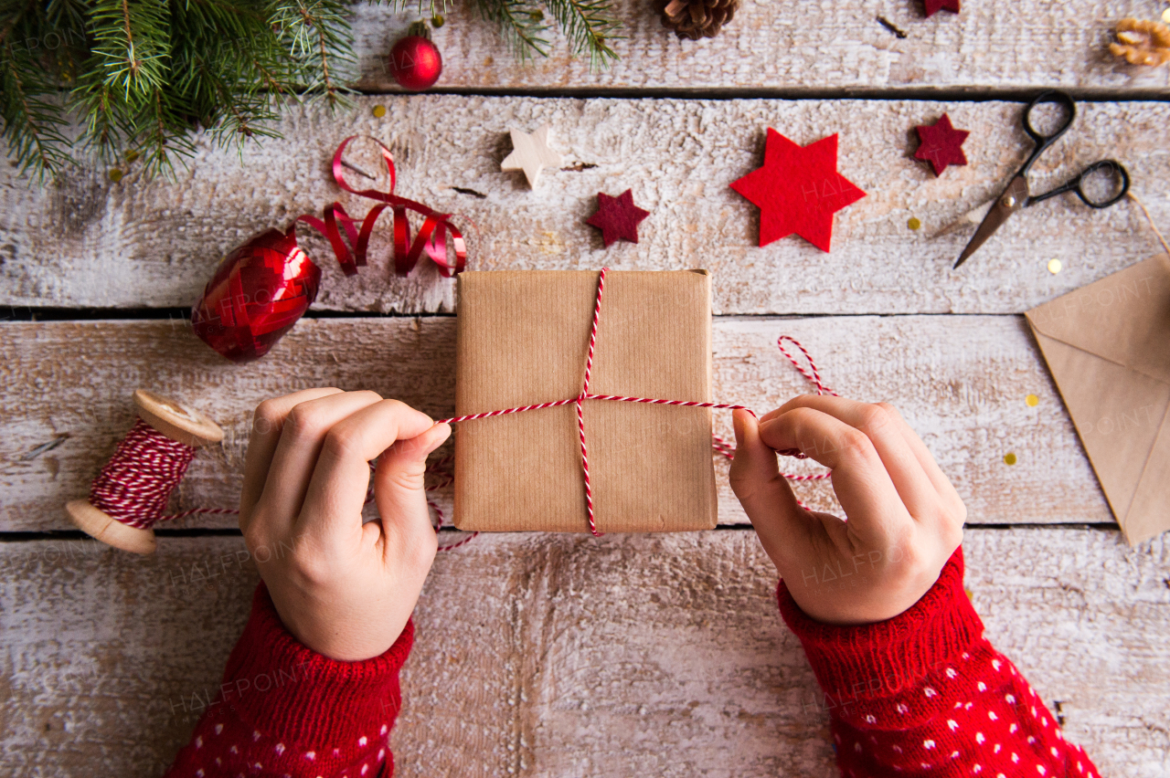 Christmas composition on a vintage wooden background. Flat lay.