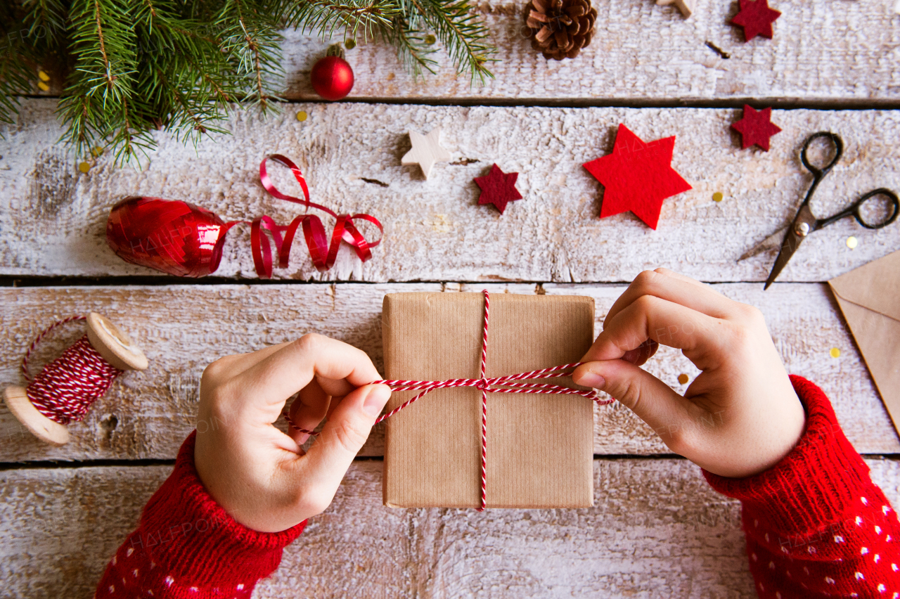 Christmas composition on a vintage wooden background. Flat lay.