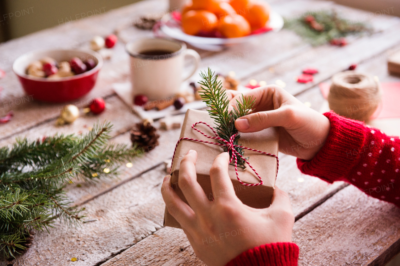 Christmas composition on a vintage wooden background. Top view.