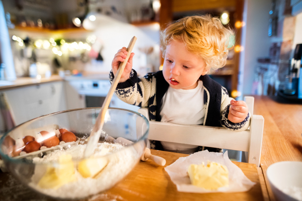 Woman and toddler boy making cookies at home. Mother and son baking gingerbread Christmas cookies.