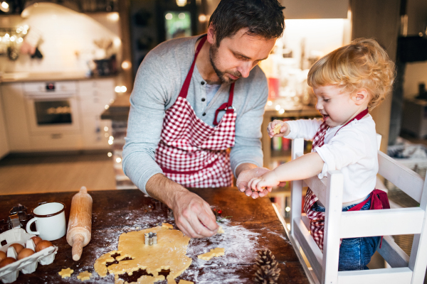 Man and toddler boy making cookies at home. Father and son baking gingerbread Christmas cookies.