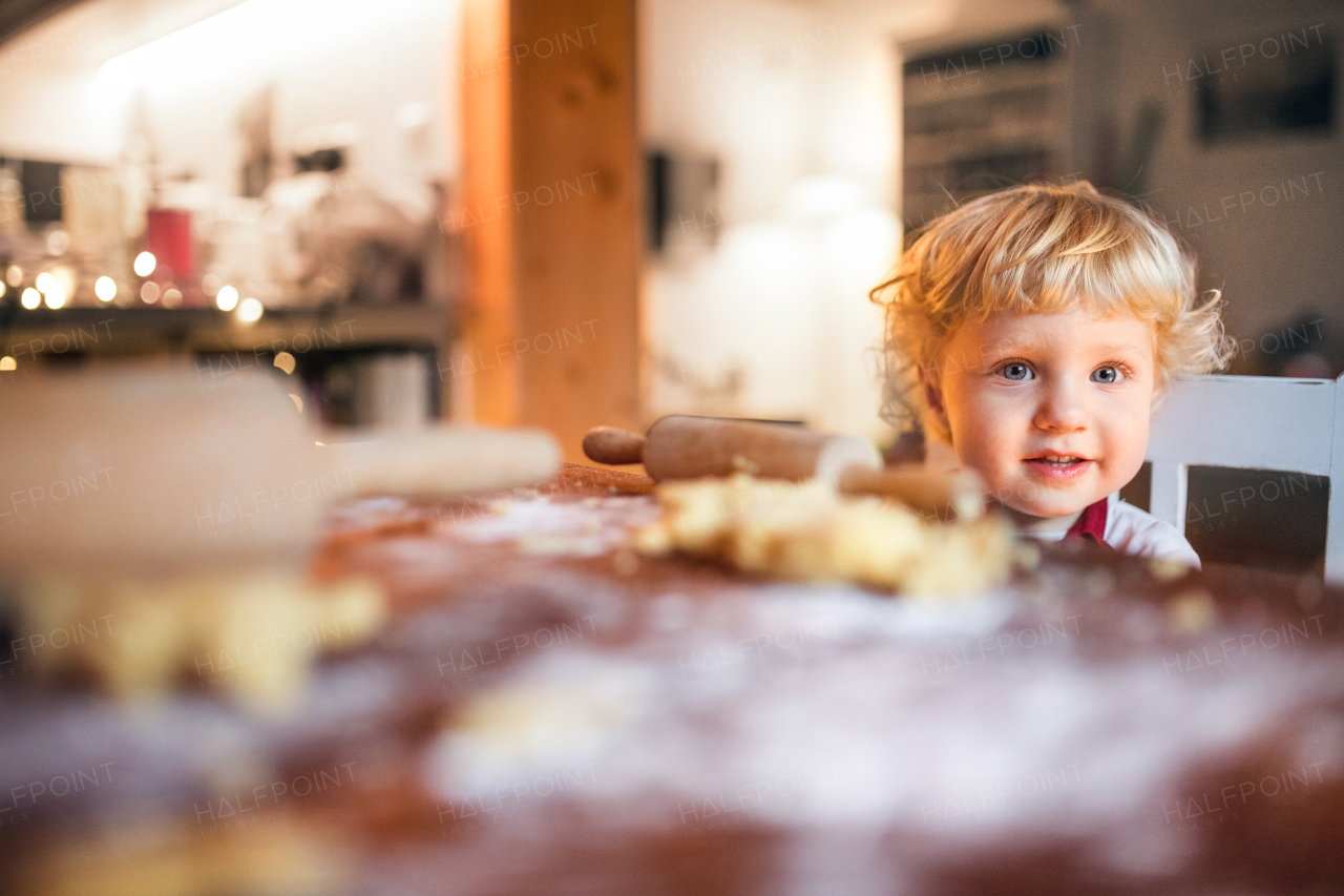 Toddler boy making gingerbread cookies at home. Christmas time.