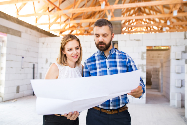 Young couple at the construction site. A man and woman looking at plans of the new house, discussing issues at the construction site.