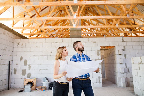 Young couple or architects or civil engineers looking at plans of the new house, discussing issues at the construction site.