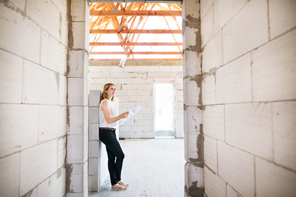 Beautiful young architect or a home owner looking at blueprints, controlling issues at the construction site.