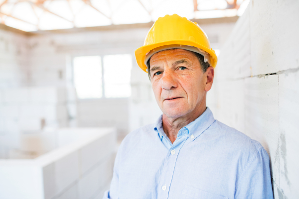 Senior architect or civil engineer in yellow helmet on the construction site.