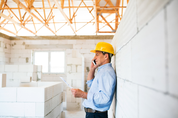 Senior architect with smartphone at the construction site making a phone call.