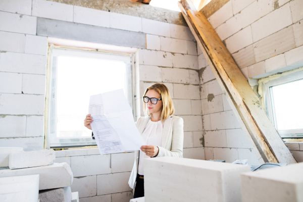 Beautiful young architect or a home owner looking at blueprints, controlling issues at the construction site.