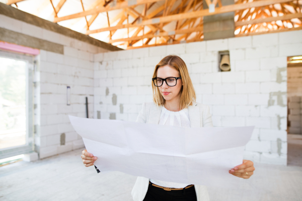 Beautiful young architect or a home owner looking at blueprints, controlling issues at the construction site.