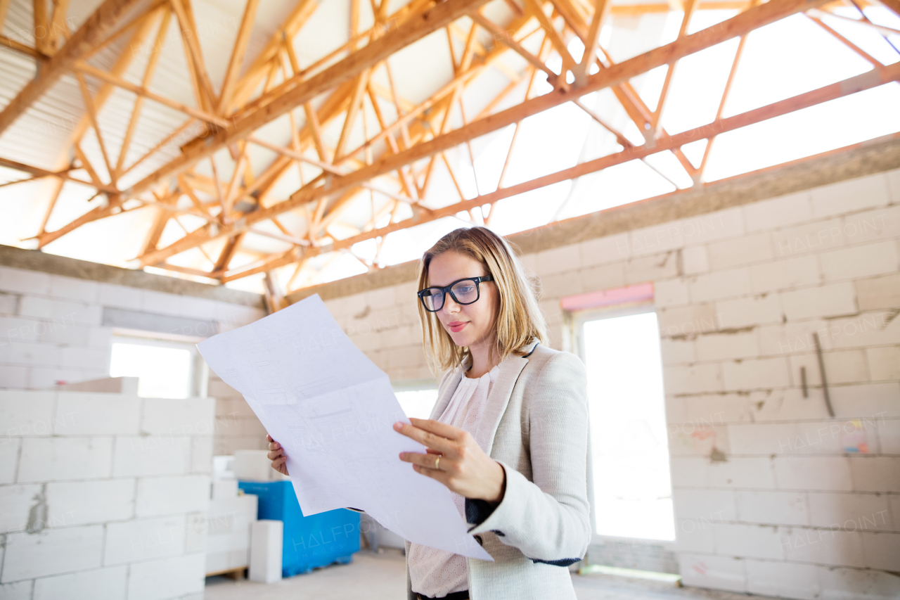 Beautiful young architect looking at blueprints, controlling issues at the construction site.