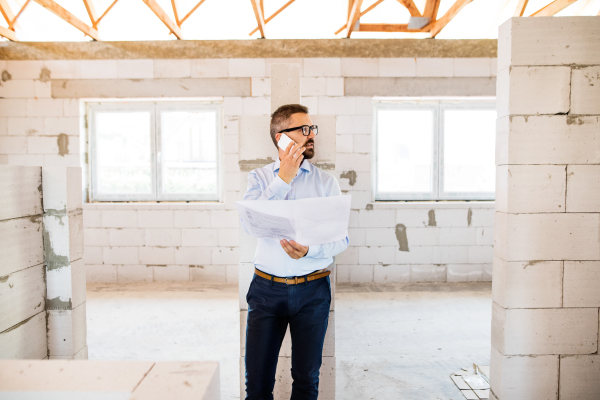 Young hipster architect or civil engineer at the construction site looking at blueprints, controlling issues, making a phone call.