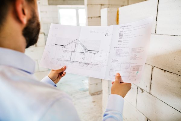 Young hipster architect or civil engineer at the construction site looking at blueprints, controlling issues.