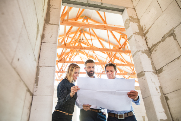 Architects and civil engineer looking at plans and blueprints, discussing issues at the construction site.