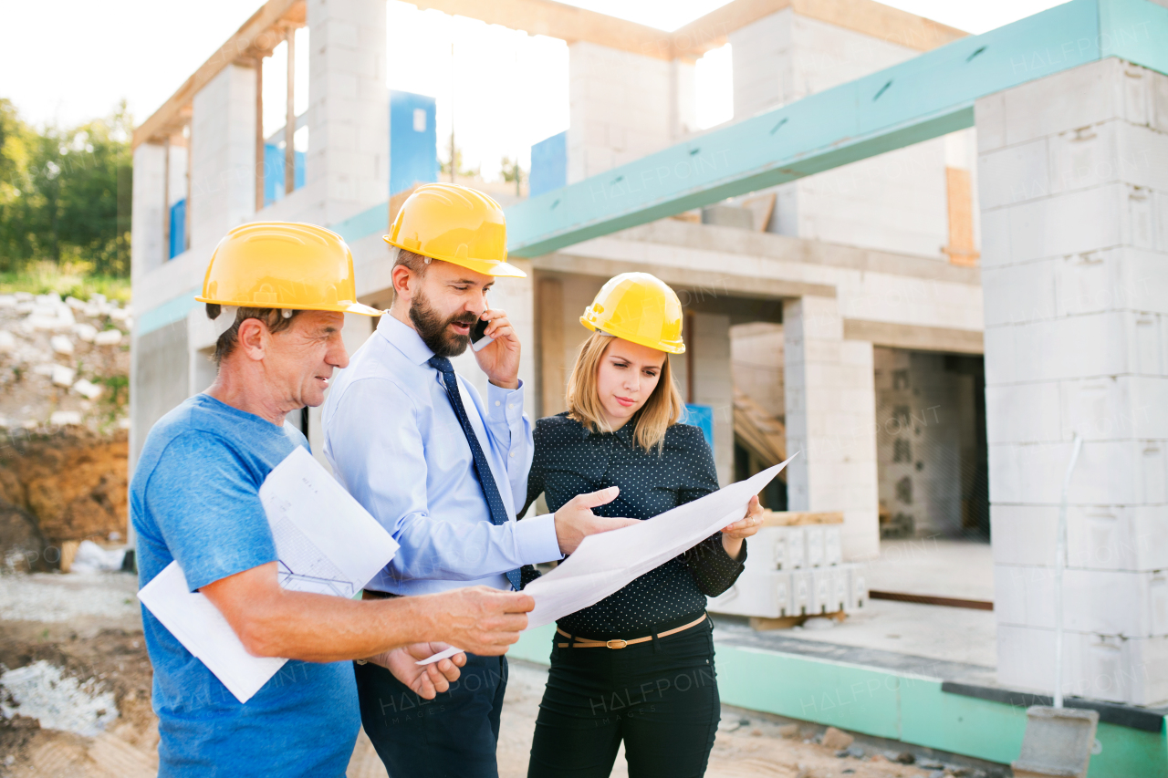 Architect, civil engineer and worker looking at plans and blueprints, discussing issues at the construction site.