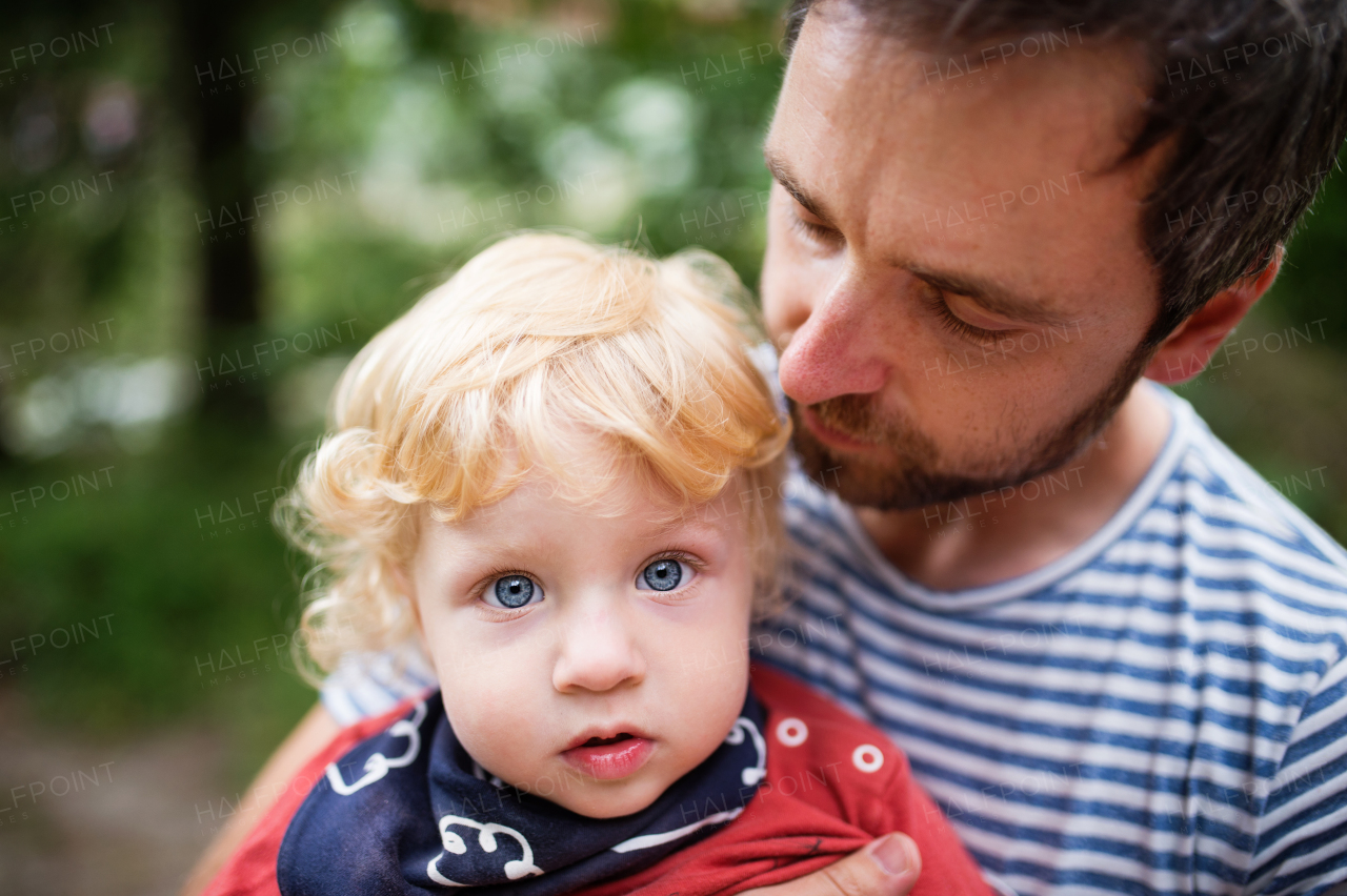 Father with little boy in nature, summer day.