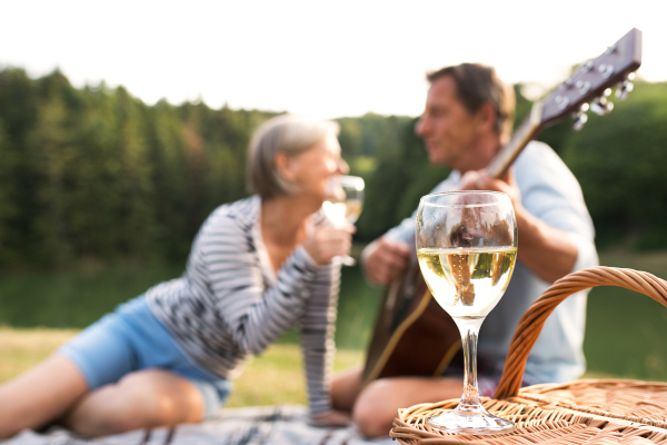 Beautiful senior couple at the lake having a picnic, sitting on blanket, drinking wine. Man playing guitar.