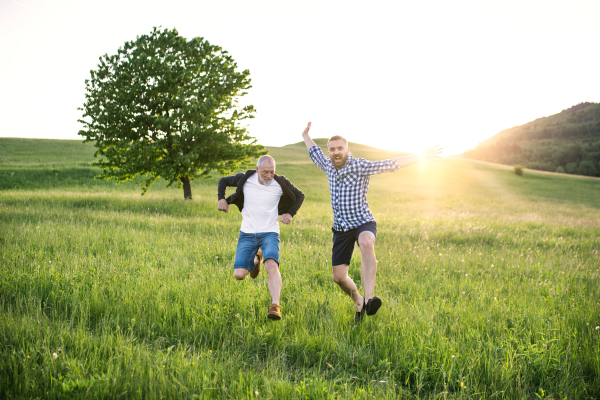 An adult hipster son with his senior father jumping on a meadow in nature at sunset.