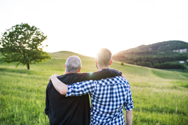 An adult hipster son with his senior father standing on a meadow in nature at sunset. Rear view.